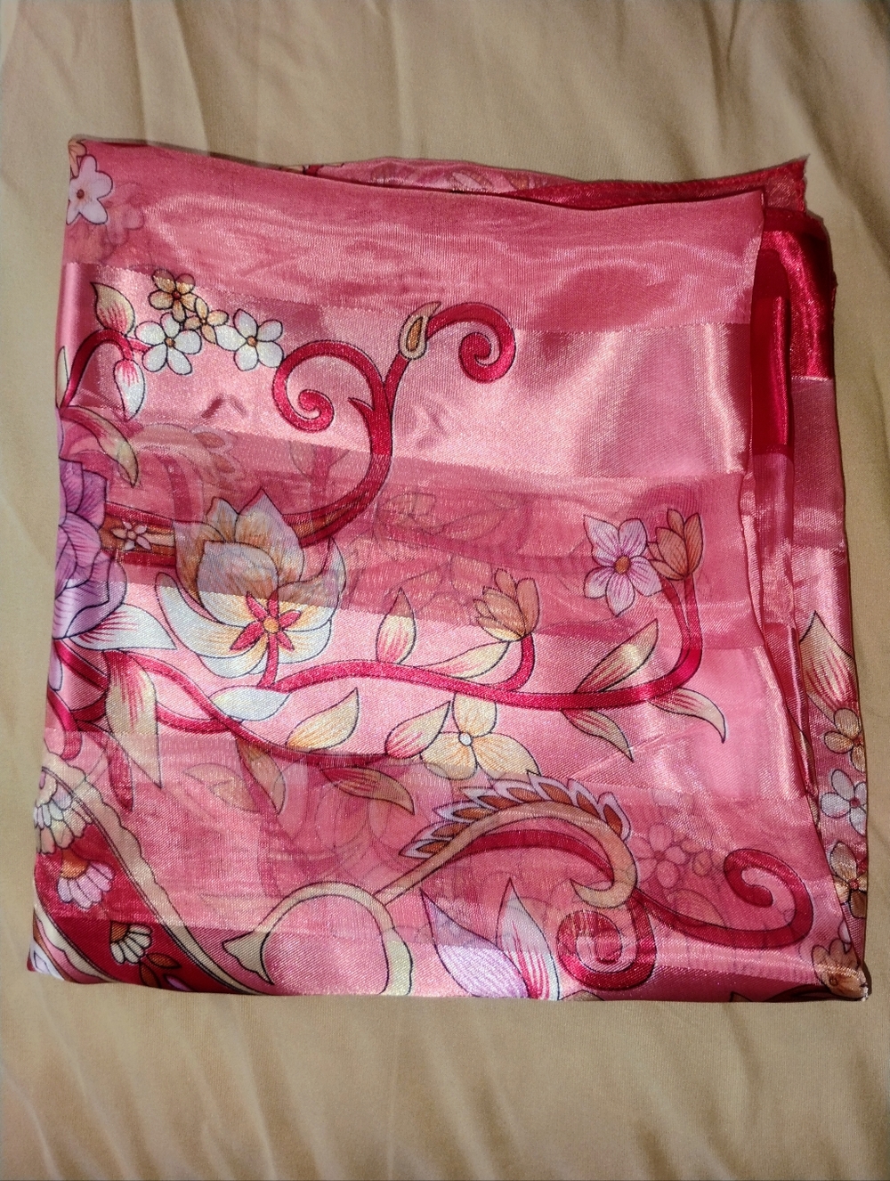 Red Floral Satin Scarf - Lightweight Women's Accessory